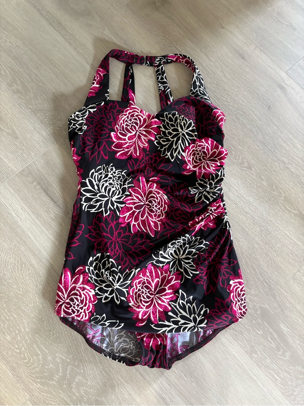 Lands' End Black One-Piece Swimsuit with Pink and White Floral Pattern